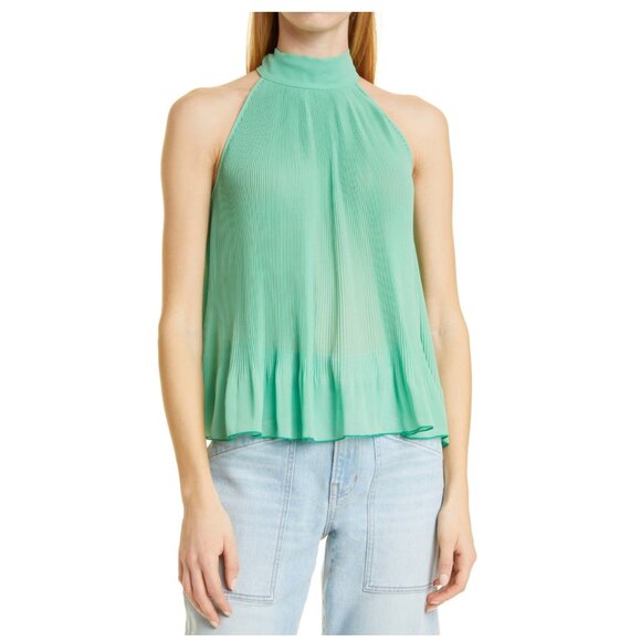 VERONICA BEARD Veronica Beard Alexa Bow Plissé Halter Top in Agate Green - Picture 1 of 10